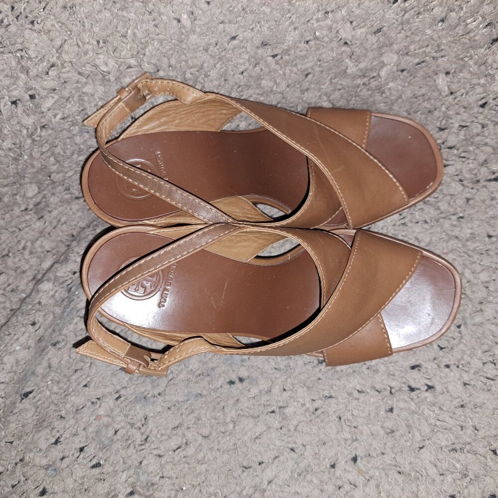 TORY BURCH-Gabrielle-Brown Leather-CrissCross Strap Wedge Sandals-Sz 7-Excellent - Picture 7 of 8
